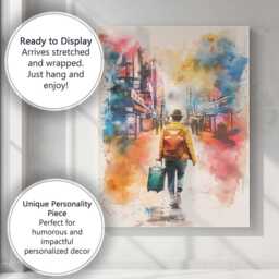 Watercolour Urban Traveller With Backpack & Suitcase City Street Canvas Wall Art Print Decor Picture Ready To Hang - thumbnail 3