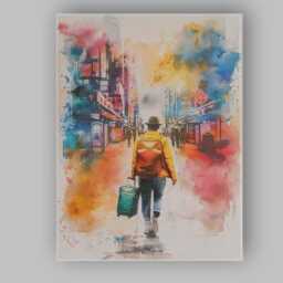 Watercolour Urban Traveller With Backpack & Suitcase City Street Canvas Wall Art Print Decor Picture Ready To Hang - thumbnail 1