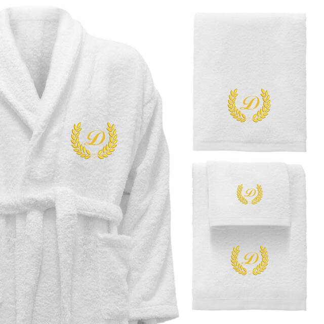 5 Hotel Edition White Set - Bathrobe, Bath Towels With Gold Thread Personalized - image 1
