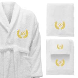 5 Hotel Edition White Set - Bathrobe, Bath Towels With Gold Thread Personalized