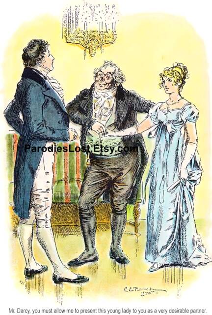 Pride & Prejudice Elizabeth Bennet Darcy Meet Jane Austen Illustration Vintage Print Art