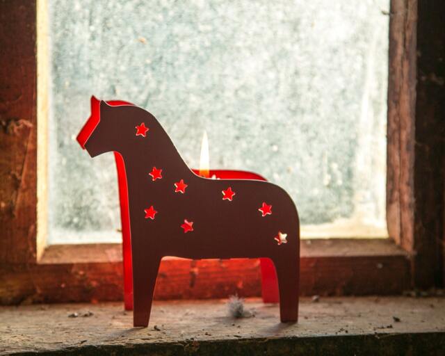 Scandinavian Dala Horse Candle Holder Metal Lantern With Star Cutouts - image 1