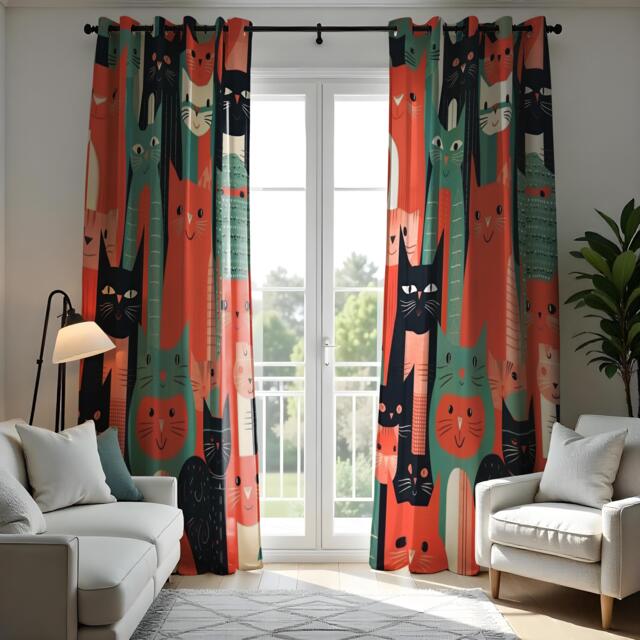 Fun Cat Pattern Curtain, Colorful Cartoon Design in Red, Green & Black, Whimsical Window Treatment, Custom Size Available, Made To Order - image 1