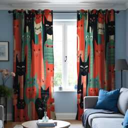 Fun Cat Pattern Curtain, Colorful Cartoon Design in Red, Green & Black, Whimsical Window Treatment, Custom Size Available, Made To Order - thumbnail 2