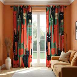 Fun Cat Pattern Curtain, Colorful Cartoon Design in Red, Green & Black, Whimsical Window Treatment, Custom Size Available, Made To Order - thumbnail 3