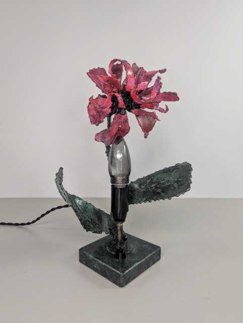 Handmade Metal Flower Table Lamp, Sculptural Industrial Lighting, Aged Patina Steel Accent Light - image 1