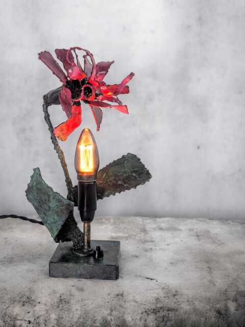 Handmade Metal Flower Table Lamp, Sculptural Industrial Lighting, Aged Patina Steel Accent Light - image 1