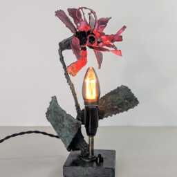 Handmade Metal Flower Table Lamp, Sculptural Industrial Lighting, Aged Patina Steel Accent Light - thumbnail 3