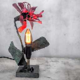 Handmade Metal Flower Table Lamp, Sculptural Industrial Lighting, Aged Patina Steel Accent Light - thumbnail 2