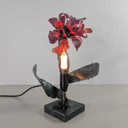 Handmade Metal Flower Table Lamp, Sculptural Industrial Lighting, Aged Patina Steel Accent Light - thumbnail 2