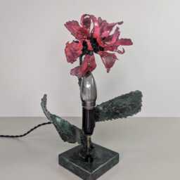 Handmade Metal Flower Table Lamp, Sculptural Industrial Lighting, Aged Patina Steel Accent Light - thumbnail 4