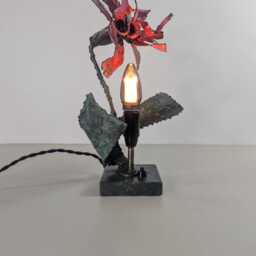 Handmade Metal Flower Table Lamp, Sculptural Industrial Lighting, Aged Patina Steel Accent Light - thumbnail 4