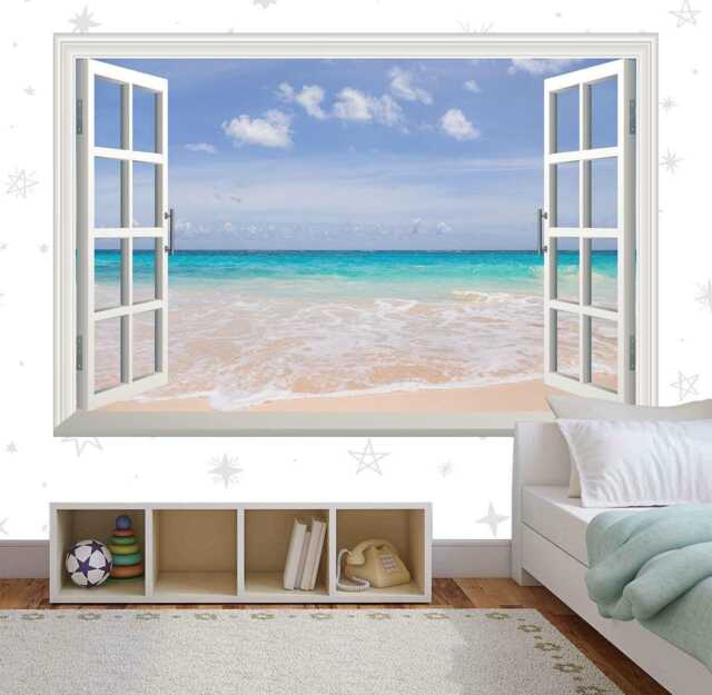 Tropical Beach Window View Wall Decal 3D Sea & Sand Mural - image 1