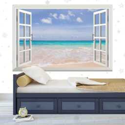 Tropical Beach Window View Wall Decal 3D Sea & Sand Mural - thumbnail 3