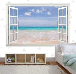 Tropical Beach Window View Wall Decal 3D Sea & Sand Mural