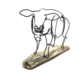 Sheep Wire Sculpture Minimalist Steel Art On Driftwood Base - thumbnail 3