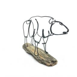 Sheep Wire Sculpture Minimalist Steel Art On Driftwood Base - thumbnail 2