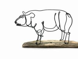 Sheep Wire Sculpture Minimalist Steel Art On Driftwood Base