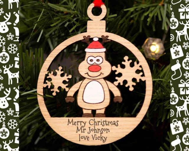 Teacher Gift, Christmas Decoration, Personalised Bauble, Wood Engraved Xmas Ornament, Tree, Tree Santa - image 1