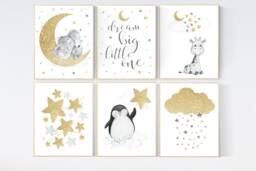 Gold Nursery Prints Elephant, Giraffe, Penguin, Stars Wall Art - thumbnail 1