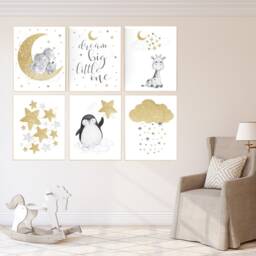 Gold Nursery Prints Elephant, Giraffe, Penguin, Stars Wall Art - thumbnail 2