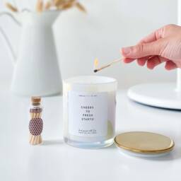 Cheers To Fresh Starts Scented Candle Metal Lid Gift For Her Him New Job Home Retirement Move Away Housewarming Gift Beginnings - thumbnail 1