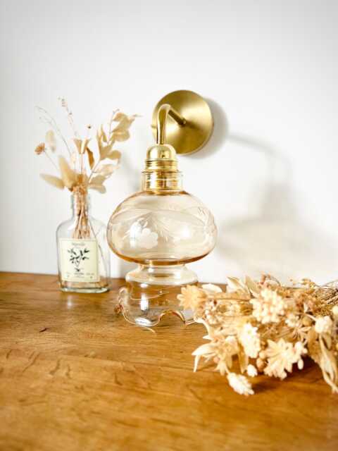 Vintage Wall Light Or Lantern in Gold-Plated Brass With Etched Glass Globe - Romantic Chic, French Boho Style Lamp - image 1