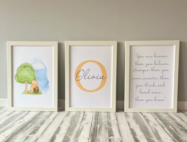 Set Of 3 Winnie The Pooh Personalised Name Print - Nursery New Baby Boy/Girl Gift Quote Print Baby - image 1