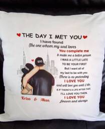 The Day I Met You Cushion. Mug, Money Box, Personalised Gifts, Couples Gifts. Just Married, Engagement. Valentines