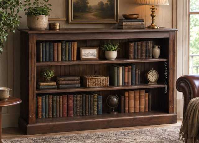 Solid Pine Low Bookcase, Dark Oak Finish, Adjustable Display Shelving Unit - image 1