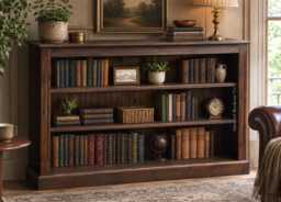 Solid Pine Low Bookcase, Dark Oak Finish, Adjustable Display Shelving Unit