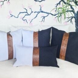 Color Block Pillow Cover - Brown Faux Leather & Linen, Modern Scandinavian - thumbnail 3