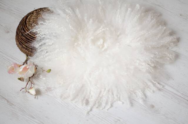 Newborn Baby Photo Prop - Natural Cream Basket Filler Curly Round Felted Blanket Felt Fur Layer - image 1