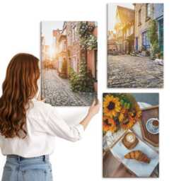 Canvas Wall Art Set Of 3 - Charming Streets With Coffee & Sunflowers, Brown Print On Canvas, Travels Hanging Piece - thumbnail 2