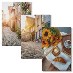 Canvas Wall Art Set Of 3 - Charming Streets With Coffee & Sunflowers, Brown Print On Canvas, Travels Hanging Piece - thumbnail 1