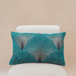 Art Deco Retro Fan Xl Rectangular Cushion. Teal Blue & Silver Vintage Design. Luxury Velvet Chenille. 23X15
