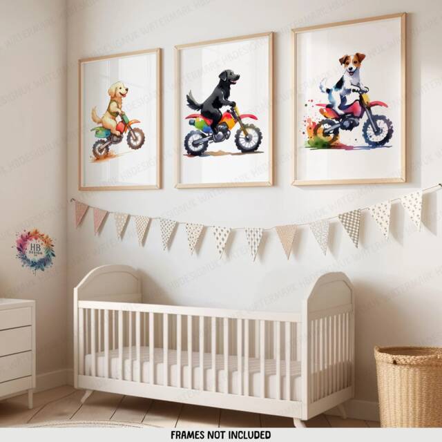 Dog Biker Nursery Prints - Set Of 3 Kids Posters - Dirt Bike Wall Art Animals Boys Room Motorbike Girl Playroom Decor Baby Boy Gifts - image 1