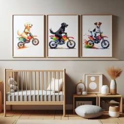Dog Biker Nursery Prints - Set Of 3 Kids Posters - Dirt Bike Wall Art Animals Boys Room Motorbike Girl Playroom Decor Baby Boy Gifts - thumbnail 2