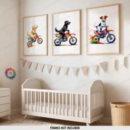 Dog Biker Nursery Prints - Set Of 3 Kids Posters - Dirt Bike Wall Art Animals Boys Room Motorbike Girl Playroom Decor Baby Boy Gifts - thumbnail 1