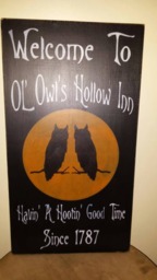 Halloween Wood Sign Welcome To Ol' Owl's Hallow Inn Distressed Large Wall Hanging Hootin' Good Time Owl Full Moon Primitive Decor - thumbnail 1