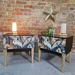 Chic Mid-Century Style Bedside Tables Nightstands, Heron Pattern Design, Vintage Inspired Nightstand Set, Artisan Crafted Mid Century - thumbnail 4