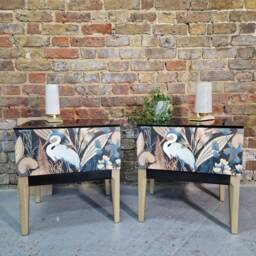 Chic Mid-Century Style Bedside Tables Nightstands, Heron Pattern Design, Vintage Inspired Nightstand Set, Artisan Crafted Mid Century - thumbnail 3