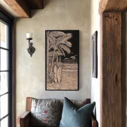 Surf Shack Engraved Birch Wood Panel - Block Print Inspired Beach Lover Wall Art, Nature Surfing Illustration Print, Coastal Home Decor Gift - thumbnail 3