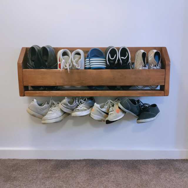 Rustic Pinewood Wall Mounted Shoe Rack With Steel Hooks - image 1