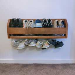 Rustic Pinewood Wall Mounted Shoe Rack With Steel Hooks