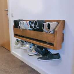 Rustic Pinewood Wall Mounted Shoe Rack With Steel Hooks - thumbnail 3