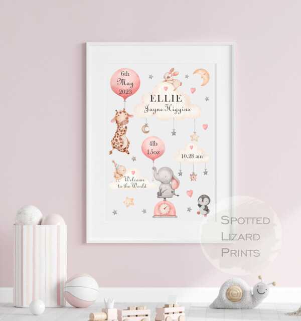 Personalised Nursery Print Pink Or Blue - Baby Birth Details Wall Art Custom Name New Gift Decor A4 Unframed - image 1