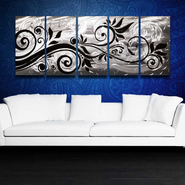 Black Floral Metal Wall Art Modern Silver Abstract Panels - image 1