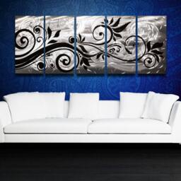 Black Floral Metal Wall Art Modern Silver Abstract Panels - thumbnail 1