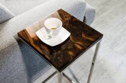 Square Side Table With Polished Steel Leg, Small Coffee Make Of American Walnut Burl Veneer, Matching The Elegant Living Room